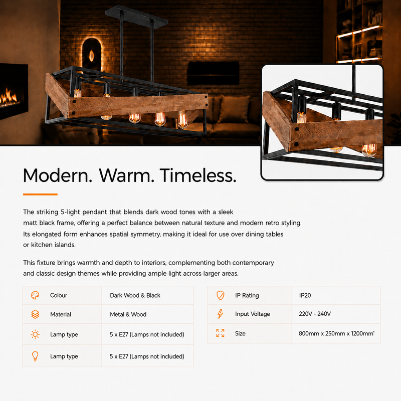 Wooden pendant light fixture with text describing its features and specifications.