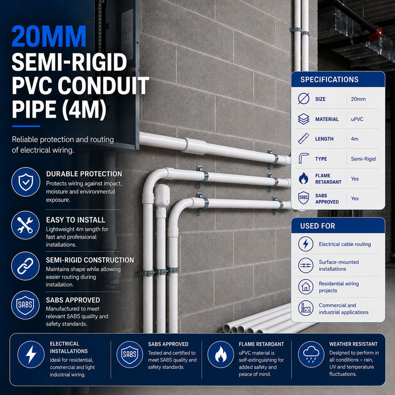 20mm semi-rigid PVC conduit pipe with installation details on a wall.
