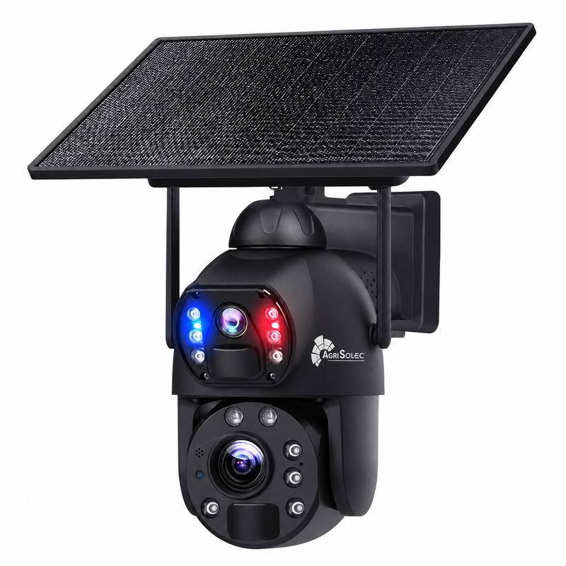 Black security camera with solar panel on a white background