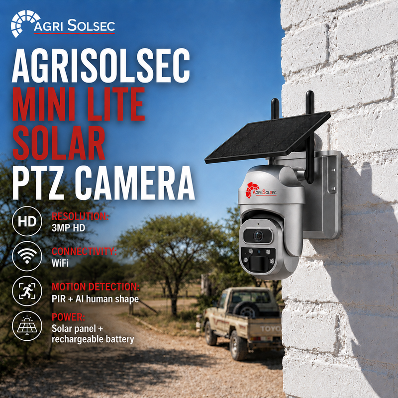 Solar PTZ camera mounted on a wall with Agri Solsec branding and product features listed.