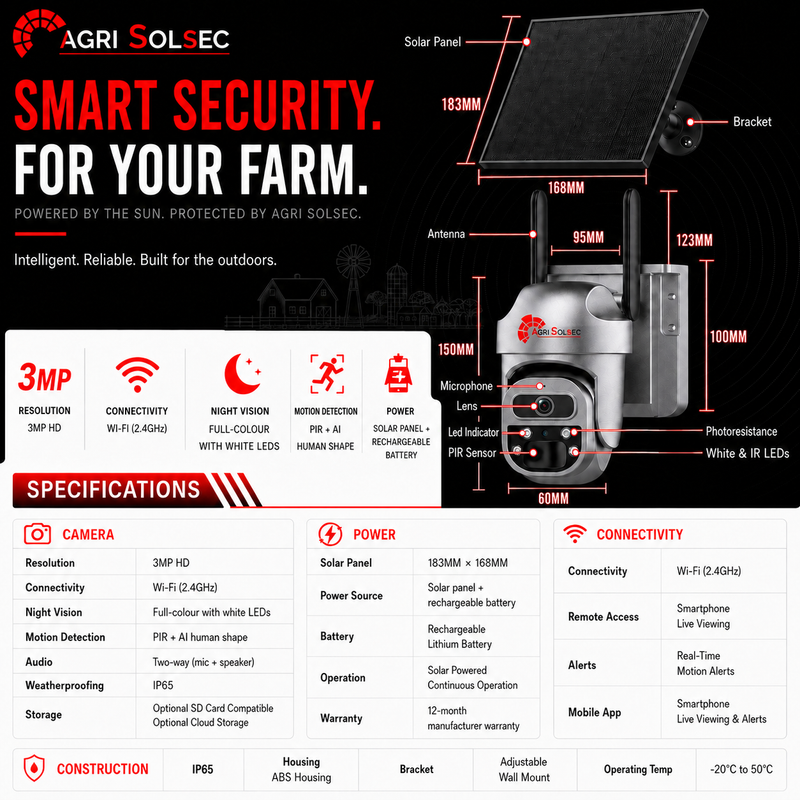 Agri Solsec smart security camera for farms with specifications and features.
