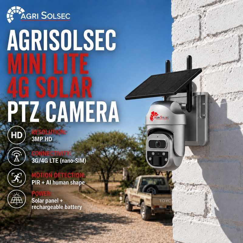 AGRISOLSEC Mini Lite 4G Solar PTZ Camera mounted on a wall with outdoor scenery in the background.
