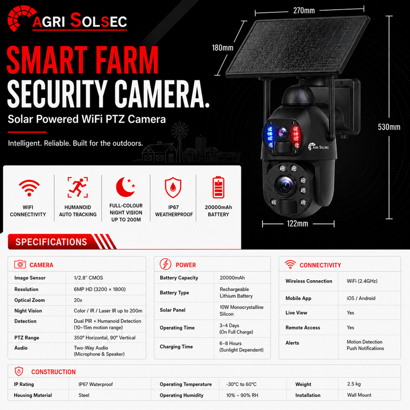 Smart farm security camera with specifications and features on a black background