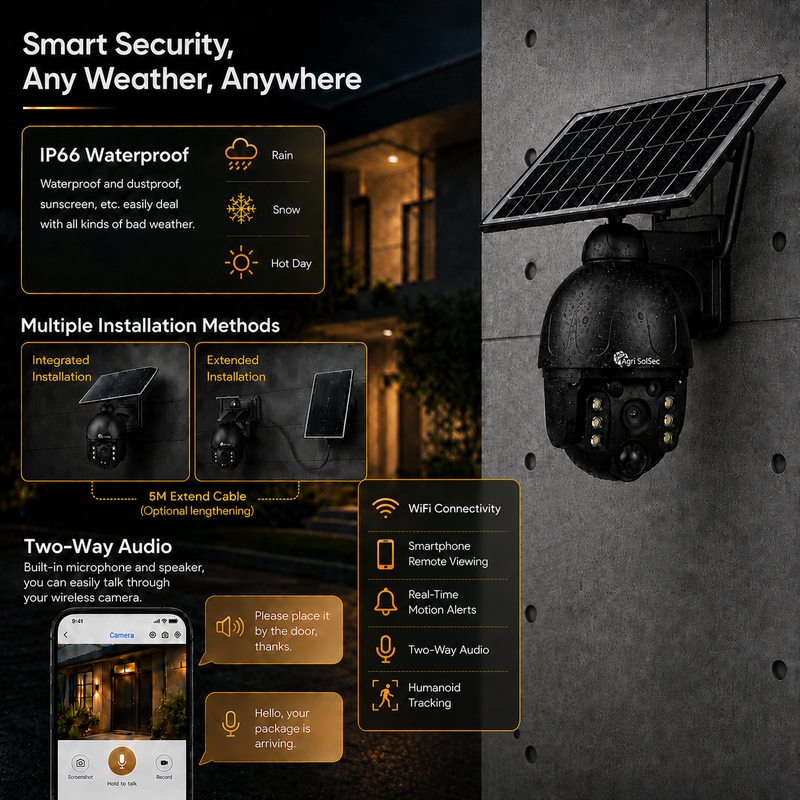 Solar security camera with features highlighted on a dark background