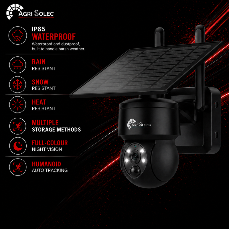 Agri Solec security camera with solar panel on a black background