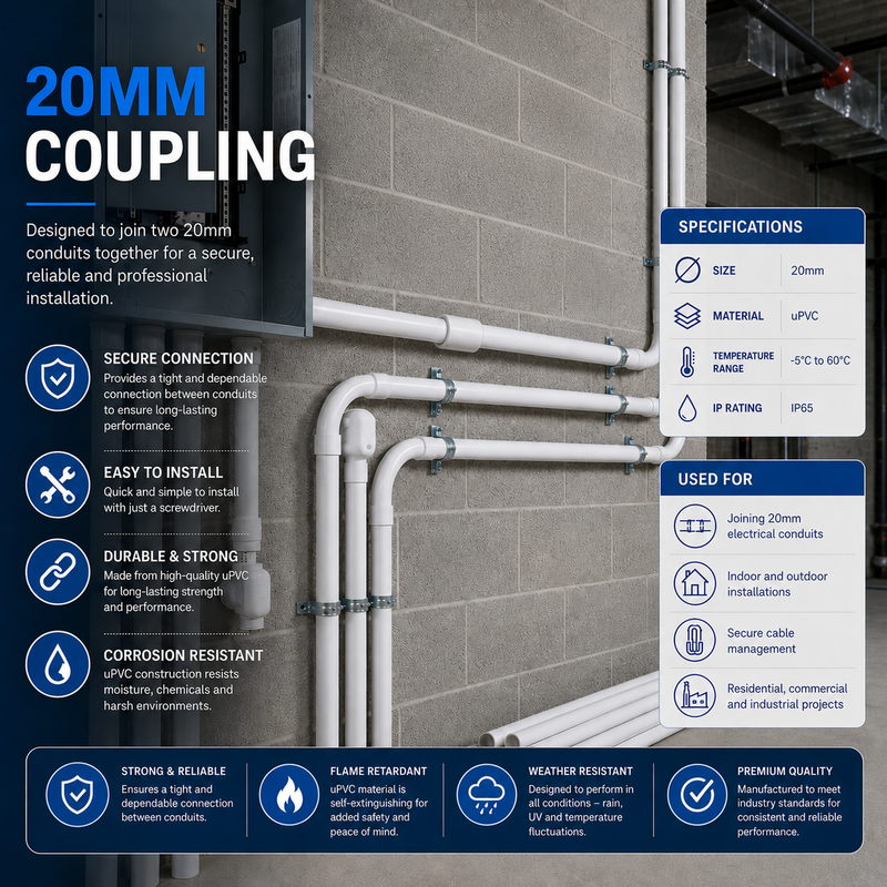 20mm coupling for electrical conduits with specifications and uses displayed.