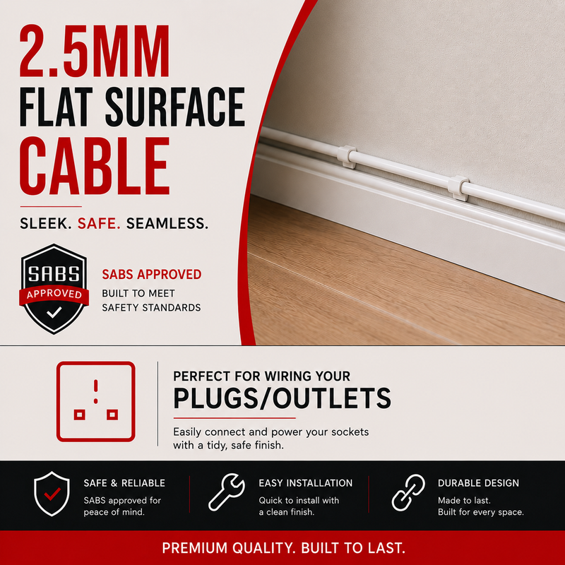 Advertisement for 2.5mm flat surface cable with SABS approval, showing a cable running along a baseboard.