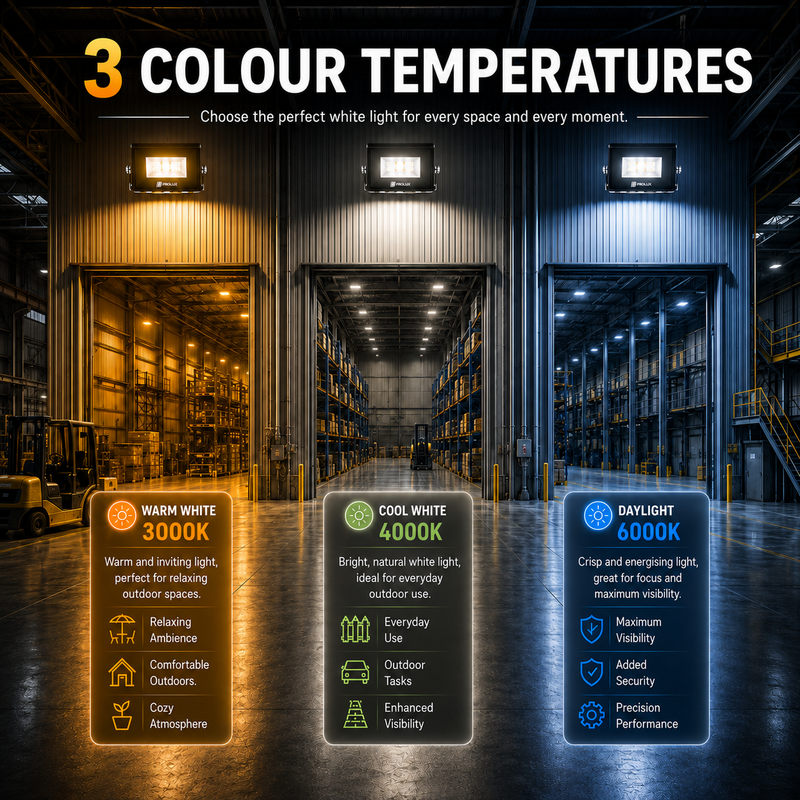 Warehouse interior with three different color temperature lights displayed on digital panels.