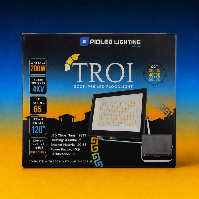 PIOLED LIGHTING TROI LED floodlight packaging with product details on a blue and orange gradient background