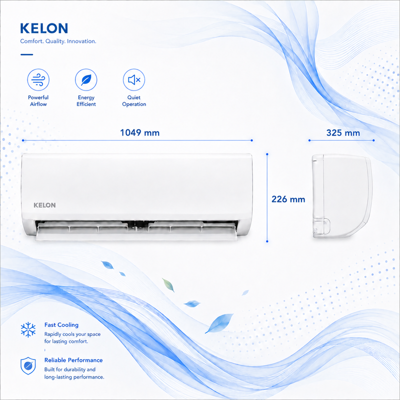 Kelon air conditioner with dimensions and features on a white background