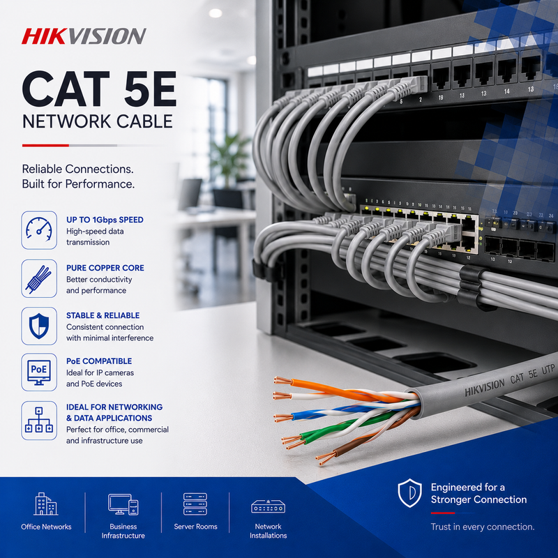 Hikvision CAT 5E network cable with a server rack in the background