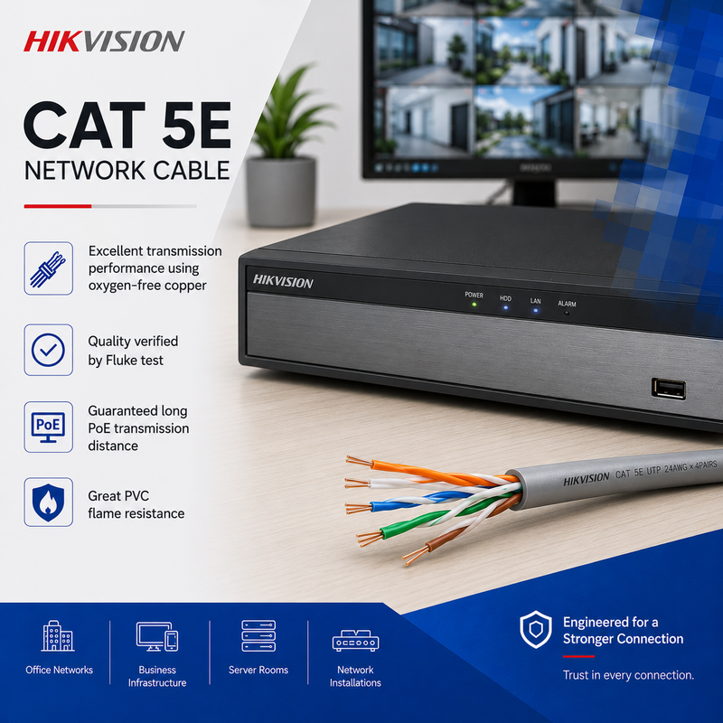 Hikvision CAT 5E network cable with a DVR and monitor setup on a desk.