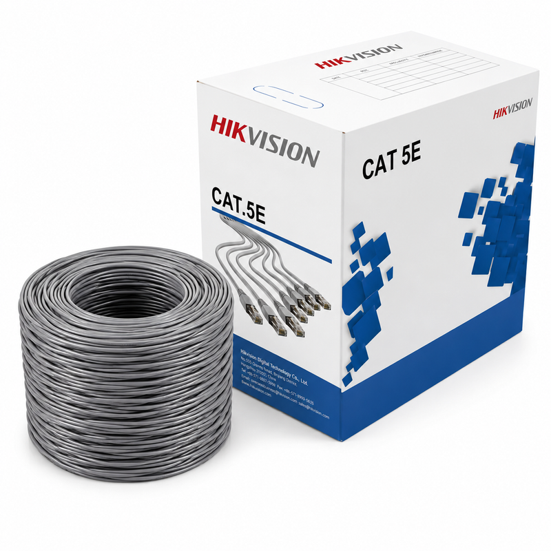 Hikvision CAT 5E cable with packaging on a white background