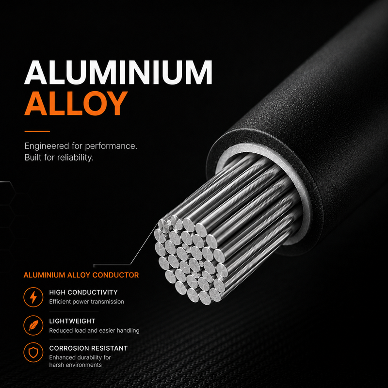 Aluminium alloy cable with text highlighting its properties on a black background
