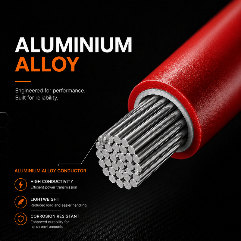 Red cable with aluminium alloy conductor on a black background