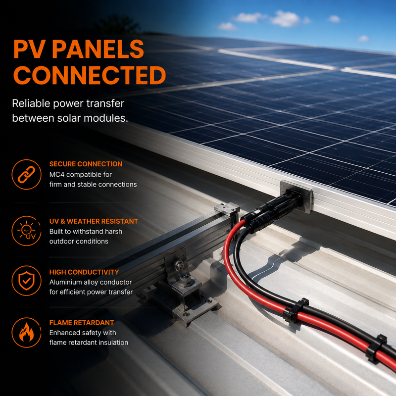 Solar panel connection with text highlighting features like secure connection, UV resistance, high conductivity, and flame retardancy.