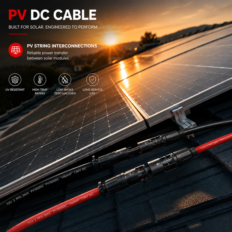 PV DC cable with solar panels at sunset