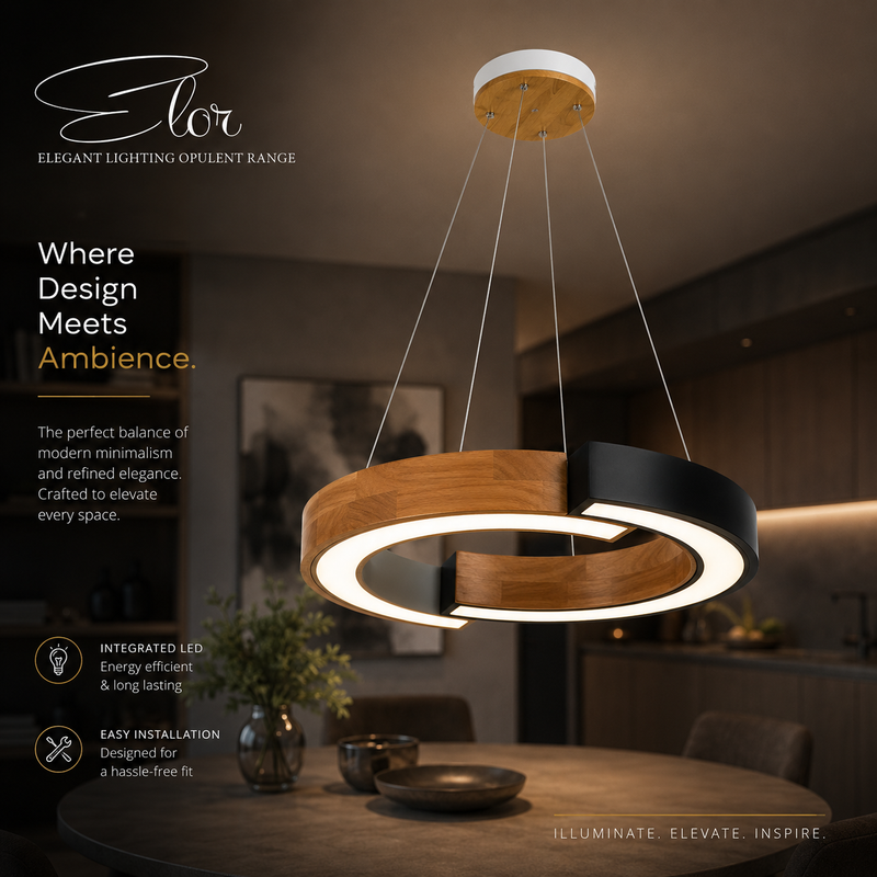 Modern pendant light with wooden and black design in a room setting, featuring the brand 'Flor'.