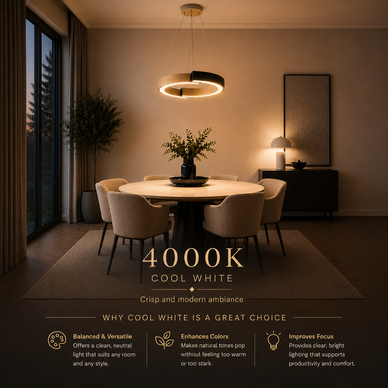 Dining room with a round table and chairs, featuring a light fixture and text about 4000K cool white lighting.