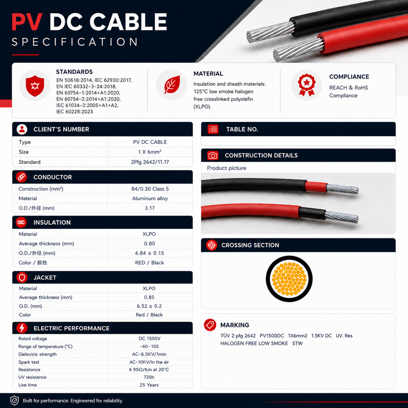 PV DC Cable specification sheet with cable details and images.