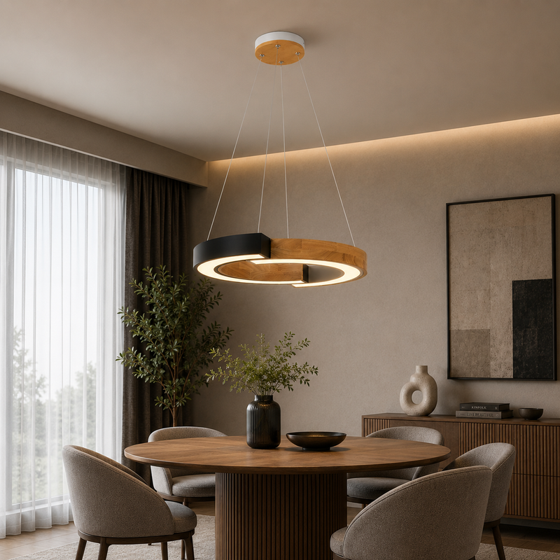 Modern dining room with a round wooden table and pendant light fixture.