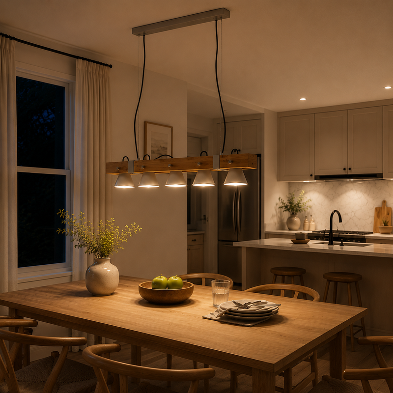 Dining area with a 5 light pendant over the dining table