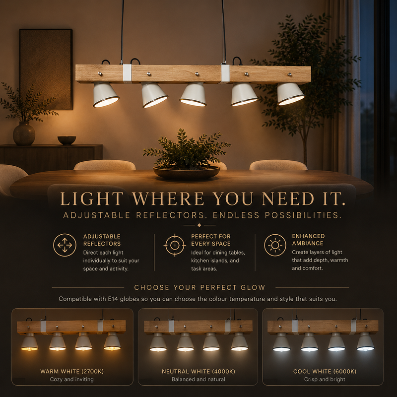 5 Light pendant showcasing the adjustable reflectors