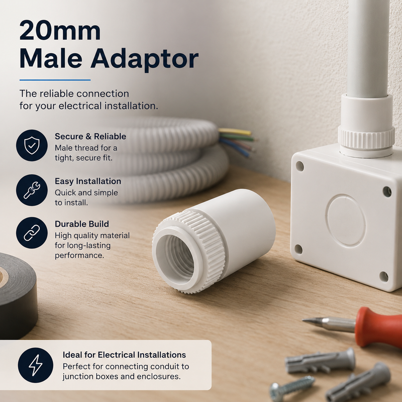 20mm Male Adaptor with electrical installation tools on a wooden surface