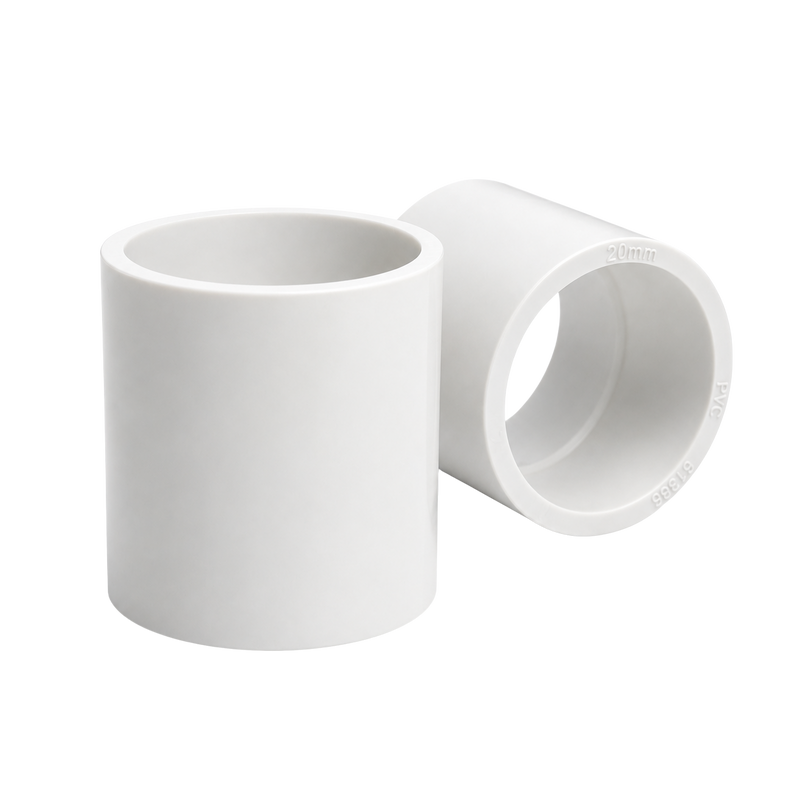 White PVC pipe fitting on a white background