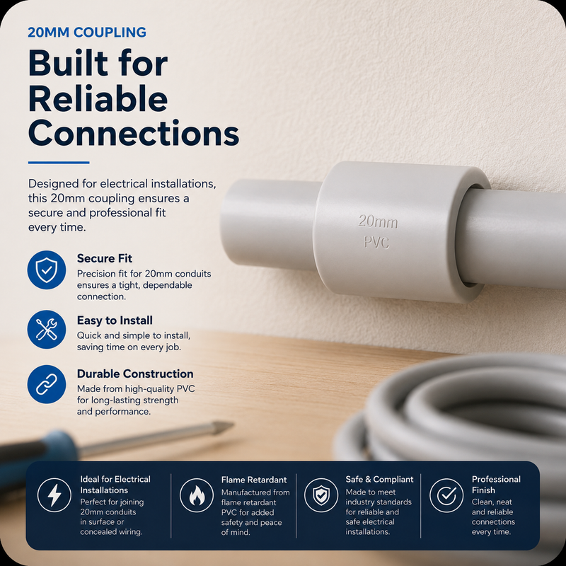 20mm coupling for electrical installations with text highlighting features on a neutral background