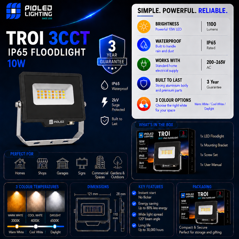 PiOLED Lighting TROI 3CCT IP65 Floodlight product details on a dark background