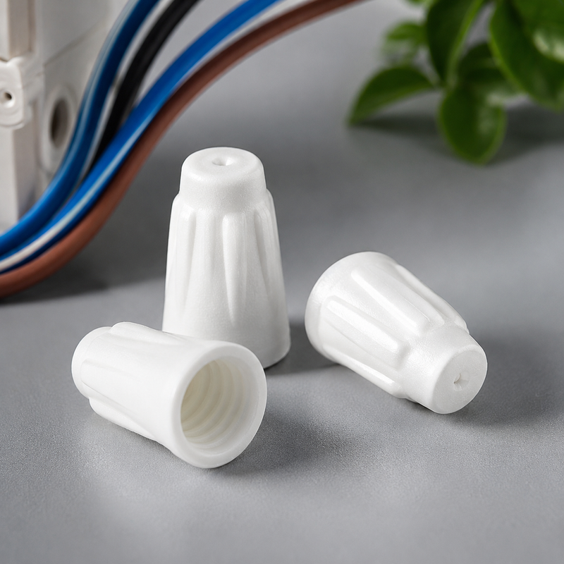 Small ceramic grommets on a gray table with wires running behind