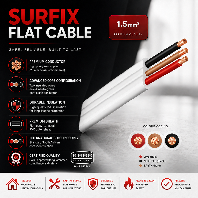 Surfix flat cable with color coding and features on a black background