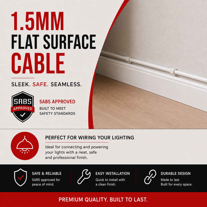 Advertisement for 1.5mm flat surface cable with SABS approval, showing a cable running along a baseboard.
