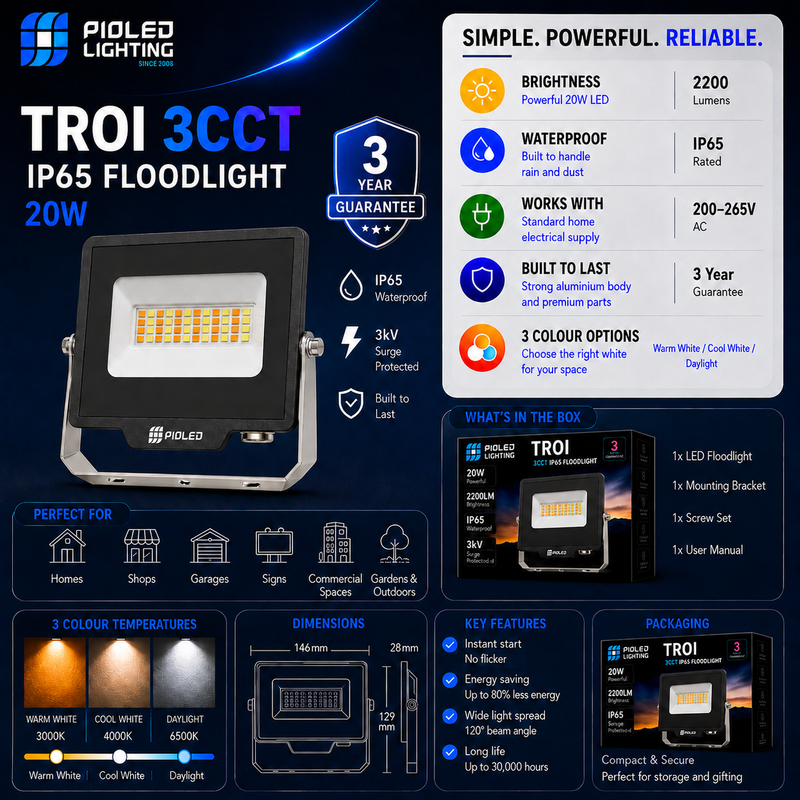Pioted Lighting TROI 3CCT IP65 Floodlight product details on a dark background