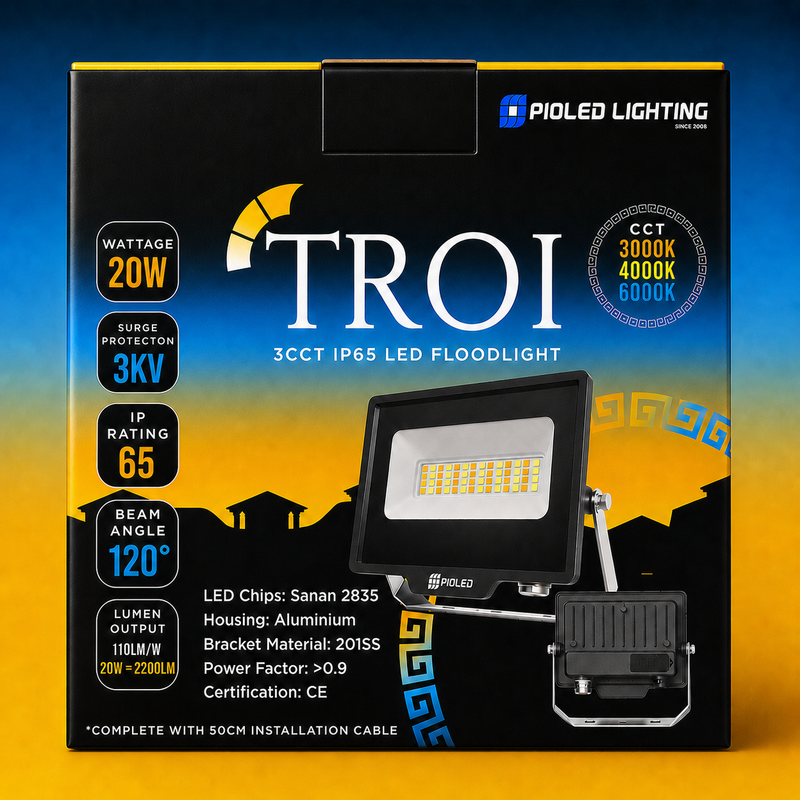 PIOLED LIGHTING TROI 3CCT IP65 LED FLOODLIGHT packaging with product details on a blue and yellow gradient background