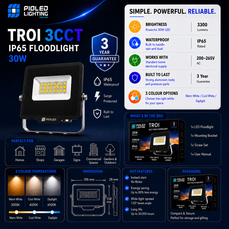Pioted Lighting TROI 3CCT IP65 Floodlight product details on a dark background