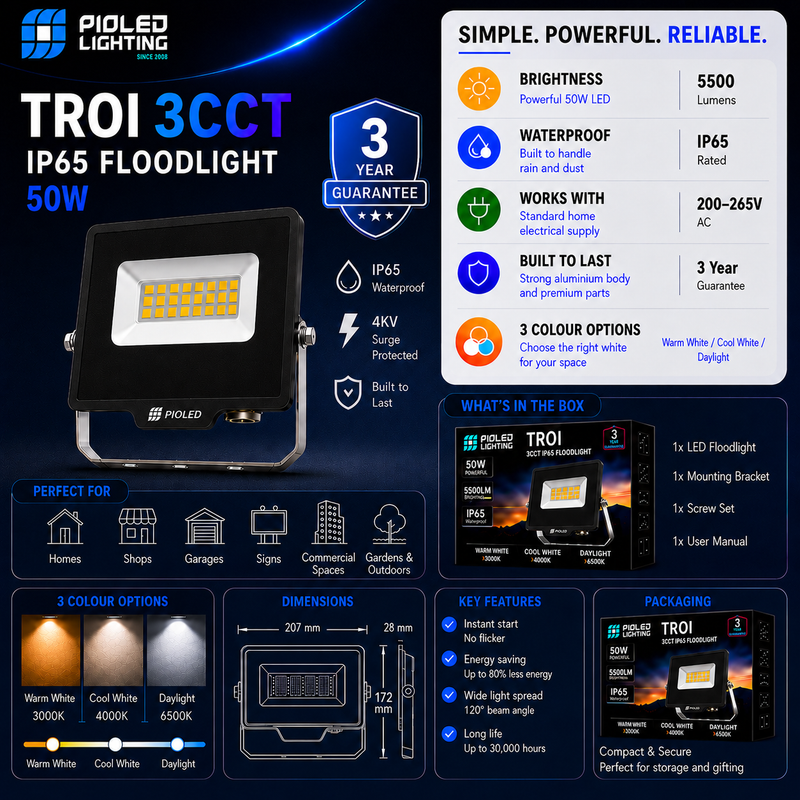 Pioted Lighting TROI 3CCT IP65 Floodlight product details on a dark background