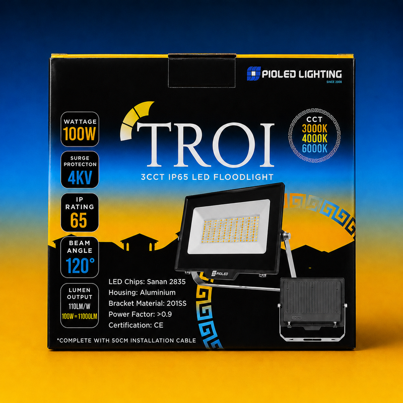 PIOLED LIGHTING TROI 3CCT IP65 LED Floodlight packaging with product image and specifications on a gradient background.