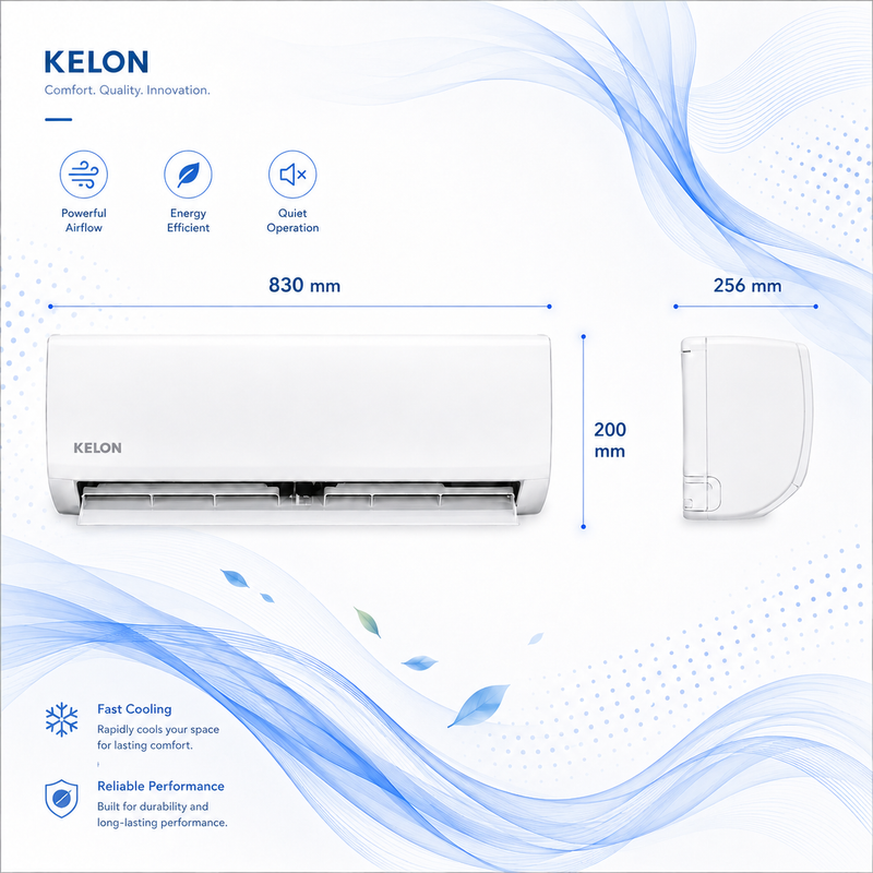 Kelon air conditioner with dimensions and features on a white background