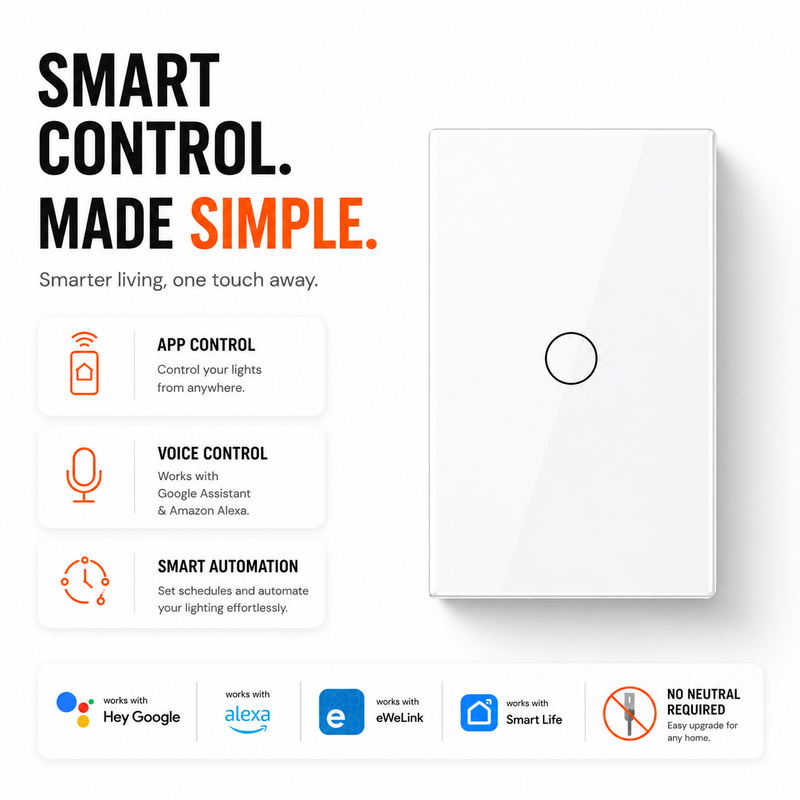 A white rectangular smart home control panel with a single circular button, shown on a clean white background with promotional text and feature callouts for app control, voice control, and smart automation. Logos for Google, Alexa, and other smart home platforms appear along the bottom.