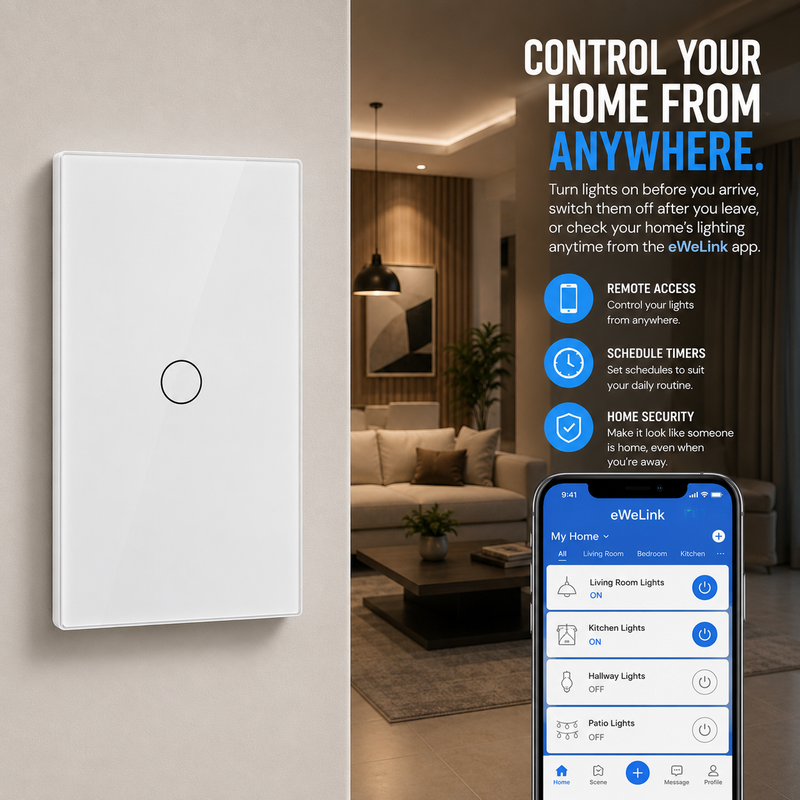 A white rectangular smart wall switch with a single circular button, shown on a beige wall next to a living room scene and a smartphone displaying the eWeLink app control interface. Text on the right explains remote access, schedule timers, and home security.