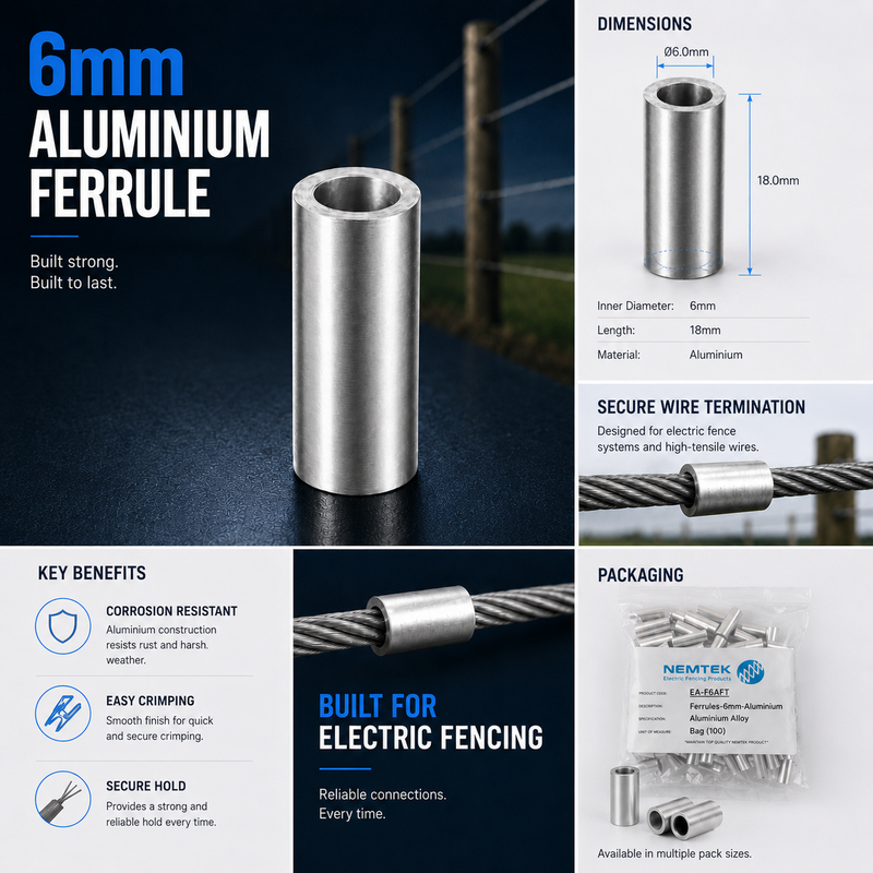 6mm aluminium ferrule product infographic showing dimensions (6mm inner diameter, 18mm length), corrosion-resistant aluminium construction, secure wire termination for electric fencing, key benefits, packaging, and electric fence installation applications.