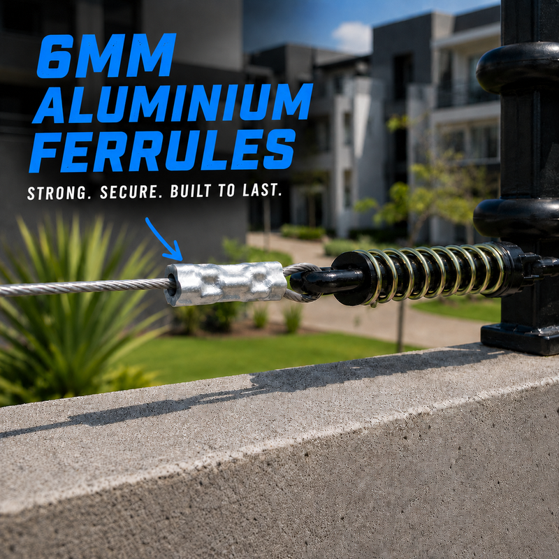 6mm aluminium ferrule securely crimped onto an electric fence wire, demonstrating a strong, corrosion-resistant connection for reliable electric fencing installations.