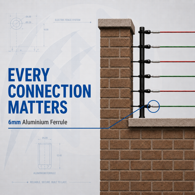 6mm aluminium ferrule installed on an electric fence system, providing a secure, durable connection for reliable electric fence wire terminations and long-lasting outdoor performance.