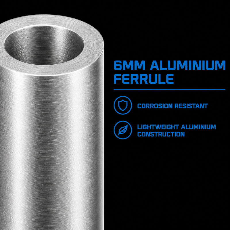 Close-up macro image of a 6mm aluminium ferrule with a brushed finish, highlighting its corrosion-resistant, lightweight aluminium construction against a black background.