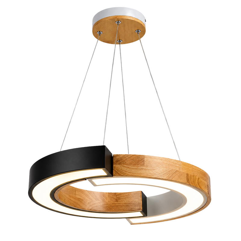 Modern pendant light with wooden and black design on a white background