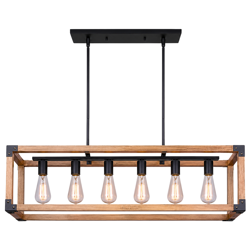 Front view of a six-light rectangular pendant light with a natural wood frame, black metal accents, black suspension rods, and exposed Edison-style bulbs, shown on a black background.