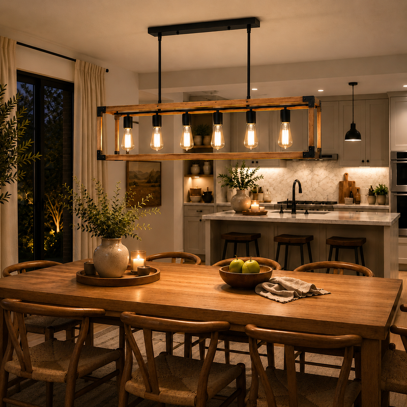 Rustic six-light rectangular pendant light with a natural wood frame and black metal accents hanging above a wooden dining table in a modern open-plan kitchen, illuminated with warm Edison-style bulbs.