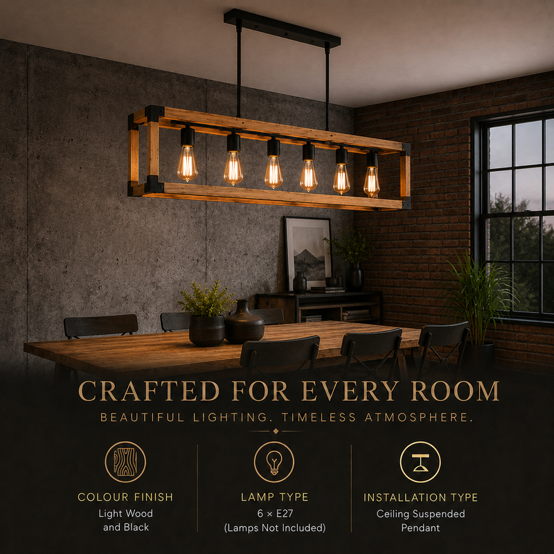 Rustic six-light rectangular wooden pendant light with black metal accents and exposed Edison bulbs suspended above a dining table in a modern industrial dining room.